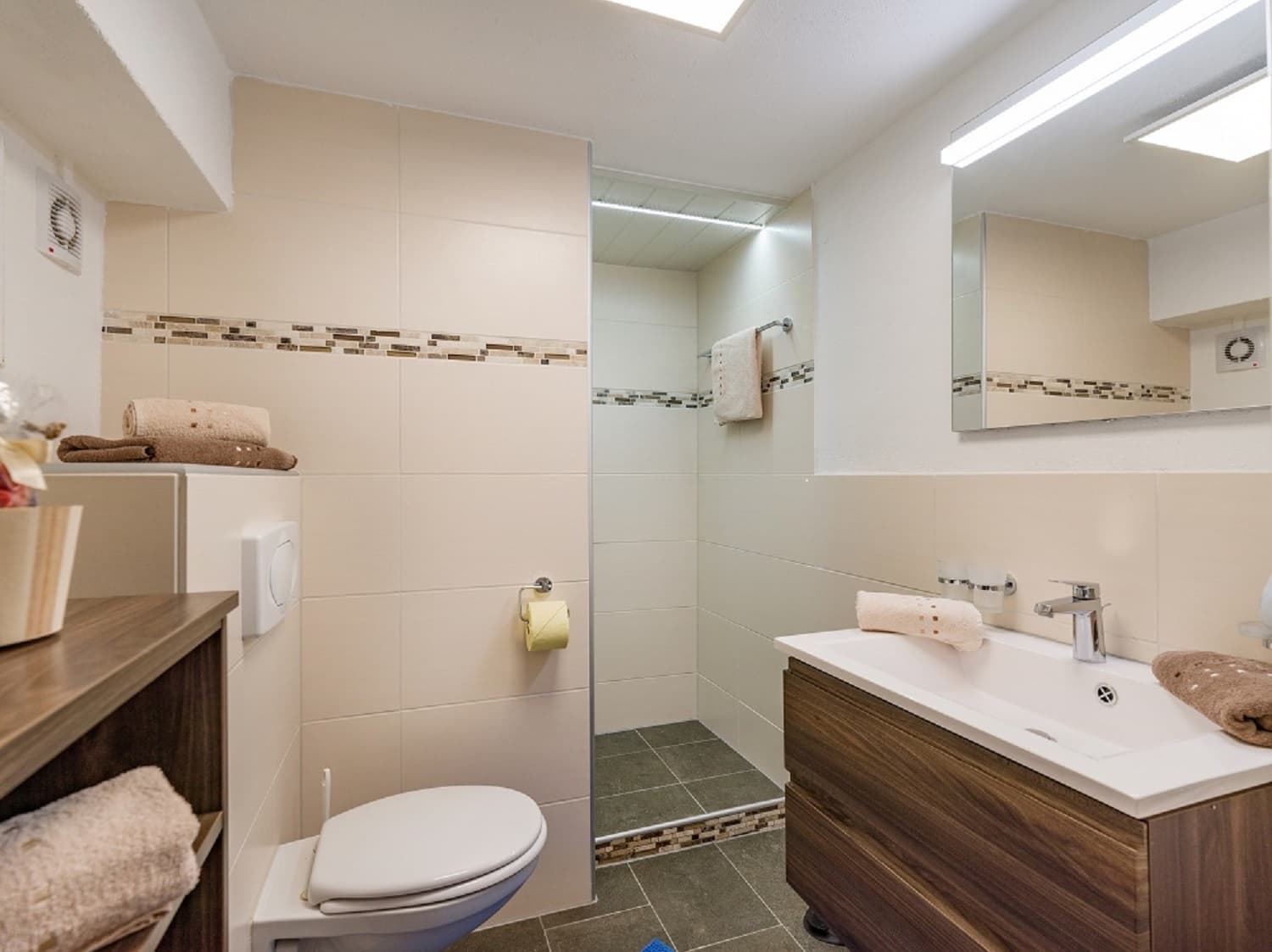 Badezimmer mit Dusche, Waschtisch und WC