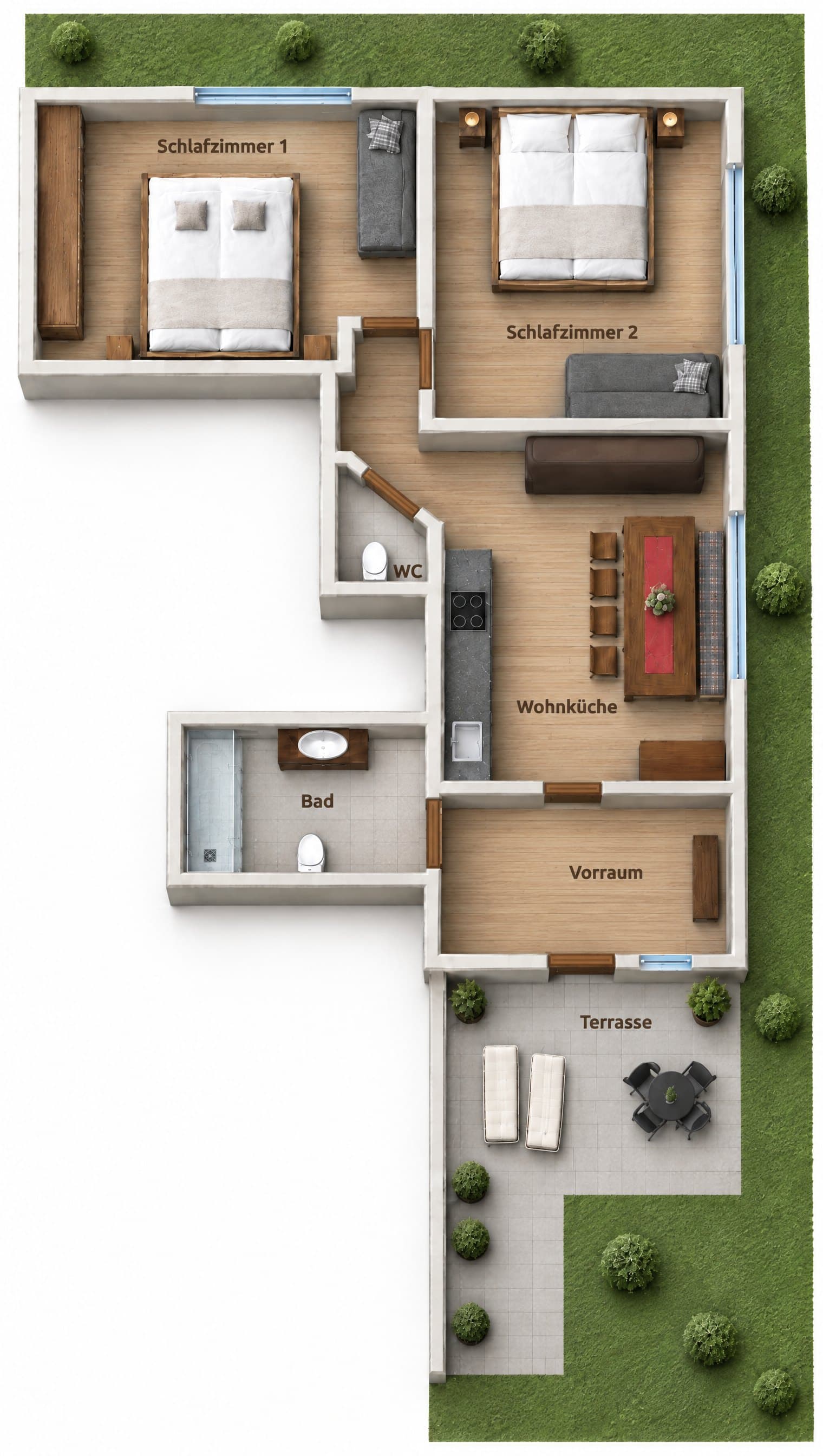 Grundriss des Apartments Berghäusl von oben: zwei Schlafzimmer, Wohnküche, Bad, WC, Vorraum und Terrasse